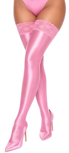 FEOYA Bas Autofixant Femme Sexy Brillant Dentelle Collants Cuisse Haute Brillants Chaussettes Longues Wetlook Lingerie Bas Autofixants pour Femme Party Club Cosplay Rose une taille