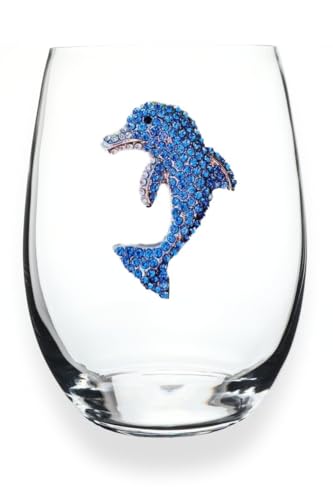 THE QUEENS' JEWELS Dolphin Jeweled Stemless Wine Glass, 21 oz. - Unique Gift for Women, Birthday, Cute, Fun, Not Painted, Decorated, Bling, Bedazzled, Rhinestone