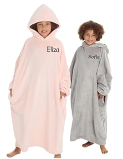Personalised Kids Hoodie Blanket Soft Warm Oversized Wearable Childrens Cosy Hooded Poncho Sweatshirt Throw for Girls Boys One Size (Pink Kids L)
