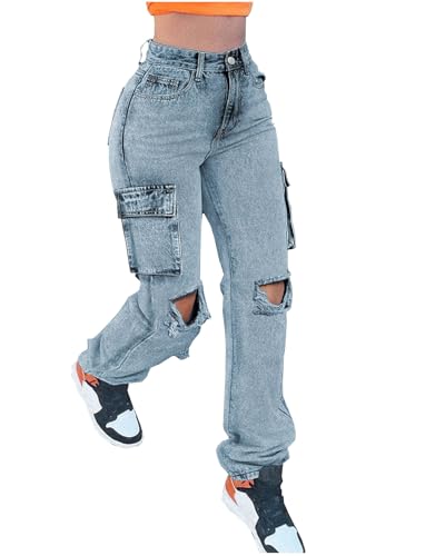 Women's Distressed Ripped Cargo Jeans High Waisted Straight Leg Denim Pants Light Blue