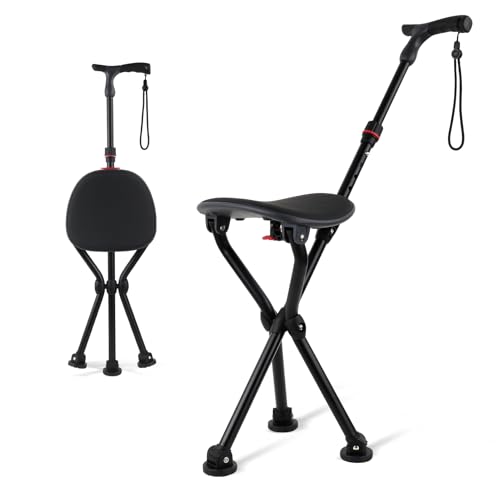 Image of Walking Cane with Seat - Folding Lightweight Walking Cane Chair for Seniors, Adjustable Height 32 inch-36 inch, Heavy-Duty 3-Legged Cane Stool for Men Women (Black)