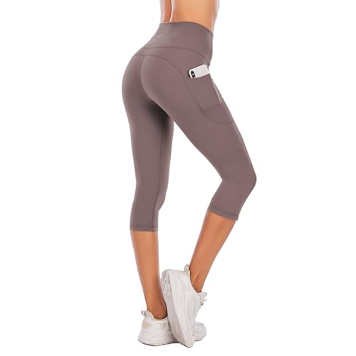 Steppe Naked Feeling High Waisted Yoga Pants Women's Workout Capris Leggings with Pockets Tummy Control Buttery Soft Running Compression Capris for Athletic Gym Exercise Fitness Dark Brown-L