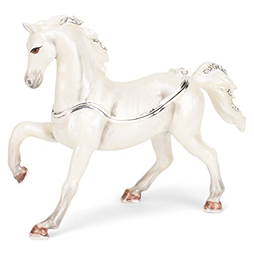 Cottage Garden Hand Painted Metal Enamel Hinged Trinket Box Ornamental Mini Jewelry Ring Earring Organizer Vintage Collectible Figurine Keepsake Box With Bejeweled Crystals, White Arabian Horse #TOP18