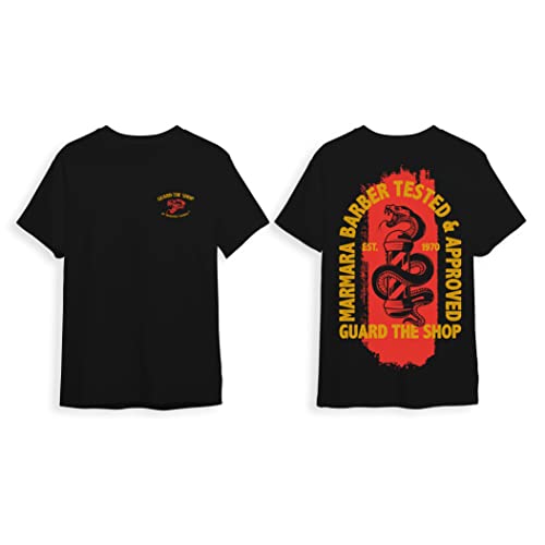 barber marmara Long T-Shirt Herren | Shaped Long Tee T-Shirt | Friseur T-Shirt | Backprint | Kurz Arm | Mit Aufdruck | Oversize | Long Shirts Herren | Rundkragen | extra lang | (L, Guard Black) Cover