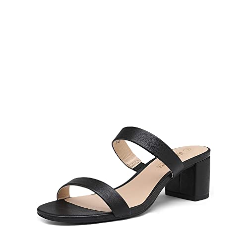 DREAM PAIRS Women's Two Strap Open Toe Low Block Chunky Heels Sandals Dress Pumps Casual Summer Mules Shoes 5.5 Black/Pu