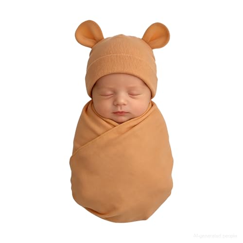 Image of Unisex Baby Swaddle Blanket with Hat Set Newborn Swaddle Receiving Blankets Sleep Sack for 0-3 Months Boys Girls