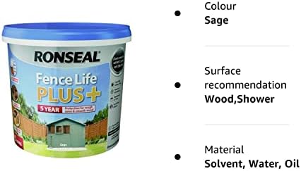 Ronseal 9L Fence Life Plus Garden Shed & Fence Paint UV Potection-All Colours 9L (Sage)