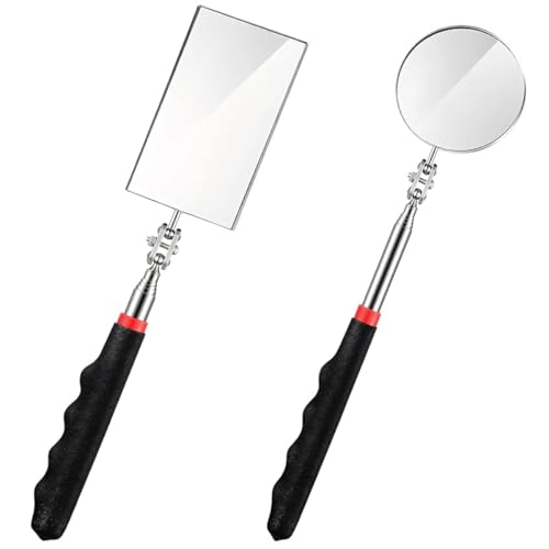 JCTEEY 2 Piezas Espejo Inspección Telescópico, 360 Grados de Rotación Retráctil Plegable Espejo Telescópico Extensible para Observar Estado Vehículo (Circular+Rectangular)