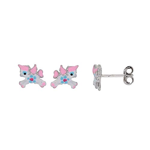 Boucles d'oreilles licorne argent 925 rhodié émail blanc rose