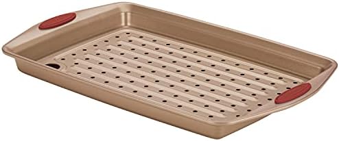 Rachael Ray Cucina Nonstick Bakeware Set with Grips, Nonstick Cookie Sheet / Baking Sheet with Crisper Pan - 2 Piece, Latte Brown with Cranberry Red Handle Grips