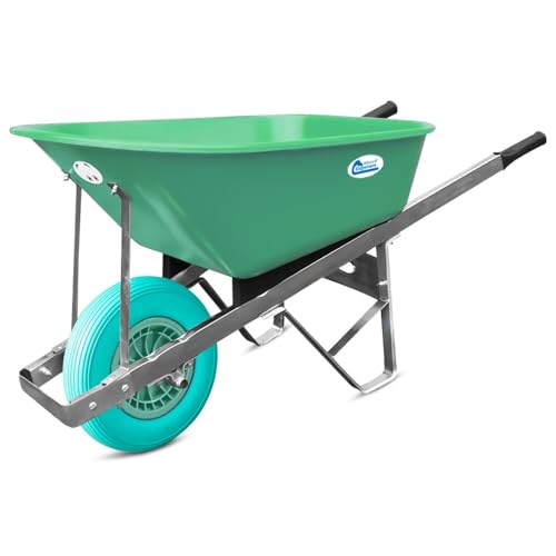 Equimed Garden Wheelbarrow - Trolley with 120L Plastic Bucket, Puncture-Proof PU Wheel, Galvanised Frame (Green/Turquoise)