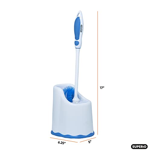 Image of Superio Toilet Brush and Holder,Toilet Bowl Cleaning System with Scrubbing Wand, Under Rim Lip Brush and Storage Caddy for Bathroom, White and Blue