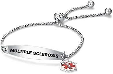 NARTGO Women Mens Red Medical Alert Multiple Sclerosis Bracelet Emergency Medical ID Engraved Adjustable Stainless Steel Chain Wristband Bracelets
