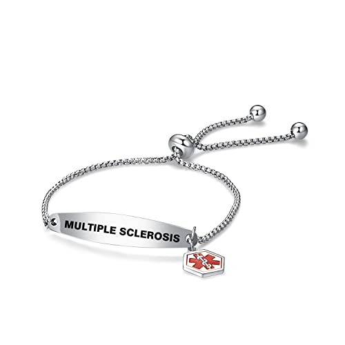 Nartgo Women Mens Red Medical Alert Multiple Sclerosis Bracelet Emergency Medical Id Engraved Adjustable Stainless Steel Chain Wristband Bracelets #TOP2