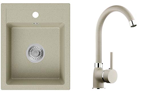 PRIMAGRAN Fregadero de Granito - Riga, Lavabo Cocina Un Seno + Grifo + Sifón Clásico, Fregadero Empotrado 40 x 50 cm, Beige