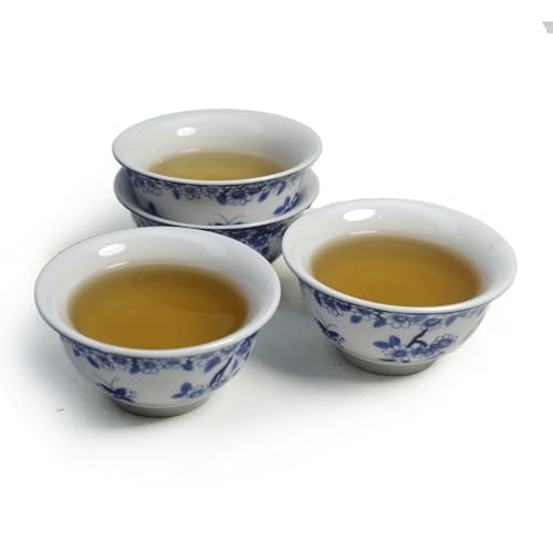 Image of Liang baobao Chinese Traditional Tea Tasting Cup Set of 4, 2oz White Porcelain Mini Cups for Gongfu Tea Ceremony (Butterfly Love Flower)