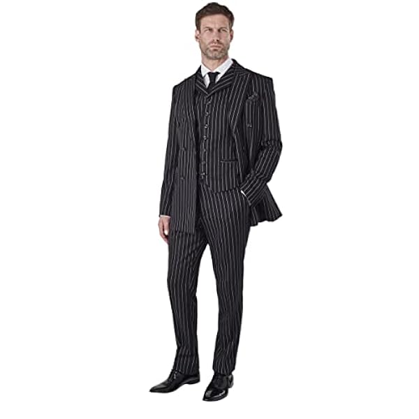 Mens 3 Piece Black Pinstripe Suit Double Breasted 1920s Blinders Peak Lapel