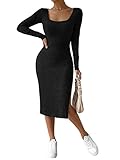 GORGLITTER Strickkleid Damen Lang Figurbetontes Kleid Langarm Kleid Elegant Bleistiftkleid Mit Schlitz Ausschnitt Kleid Rippenstrick Kleid Schwarz XS