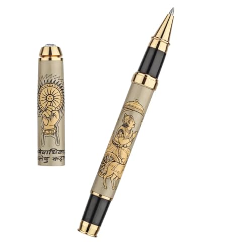 Image of Bhagavad Gita & Geeta Updesh Etched Pen | Lord Krishna Arjuna Engraved Metal Roller Ball Pen | Hindu Spiritual Gift, Corporate Gift & Return Gift
