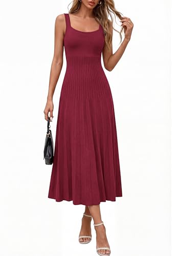 PRETTYGARDEN Spring Dresses for Women 2026 Summer Casual Sleeveless Square Neck A Line Knit Pleated Midi Cocktail Party Dress (Burgundy,Medium) — view 4