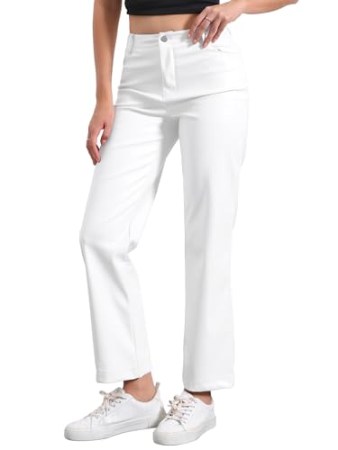 Allegra K Faux Leather Pants for Women's High Waist Straight Leg Punk PU Trousers X-Large White