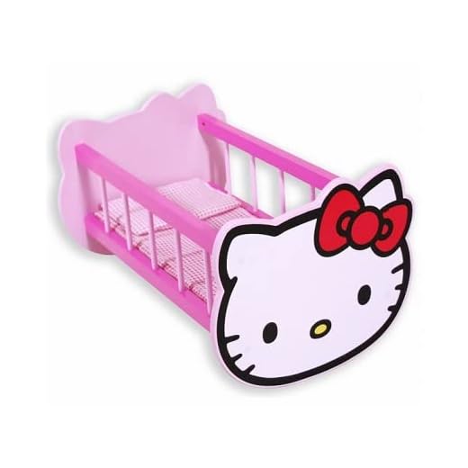 Berceau en Bois Rose pour poupée 44,5 x 29 x 25 cm + Oreiller et Couverture - lit à Bascule pour Poupon - Collection pour Hello Kitty - Accessoire