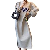 [andrei] ワンピース トレーナー ロゴ プリント ロング 丈 裏 起毛 丸首 クルーネック 長袖 マキシ ドレス 春 秋 冬 レディース (灰, M)
