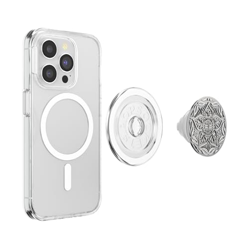 Image of PopSockets Phone Grip for MagSafe, Magnetic Holder, Phone Stand, Enamel - Mandala Silver