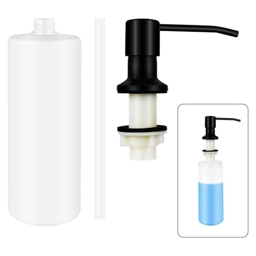 Image of amiciCare ABS Kitchen Sink Soap Dispenser Top Refill Built-In Countertop S.S Steel Dispenser Pump With 360 Degree Rotating Head And 300Ml Soap Bottle (Black Dispenser Pump With Bottle)