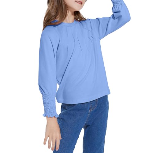 Girls Ruffle Smocked Long Sleeve Tops Dressy Casual Pleated Loose Crewneck Pullover Solid Tunic T-Shirts for 4-14Y4