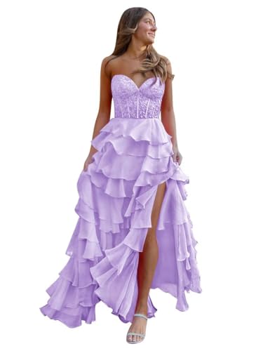 Strapless Ruffle Corset Prom Dress 2025 Long Tiered Formal Gowns Lace Chiffon Evening Dress with Slit