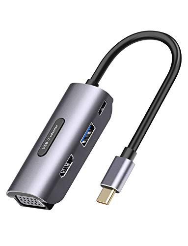 VicTsing USB C Adapter, 4-in-1 Mini Hub, USB C to HDMI VGA USB+DP Adapter, Fast Transfer and Definition USB 3.0, 1080P VGA, 4K HDMI, USB C to HDMI VGA Adapter for 2 Screens, Monitors, Laptops, Black