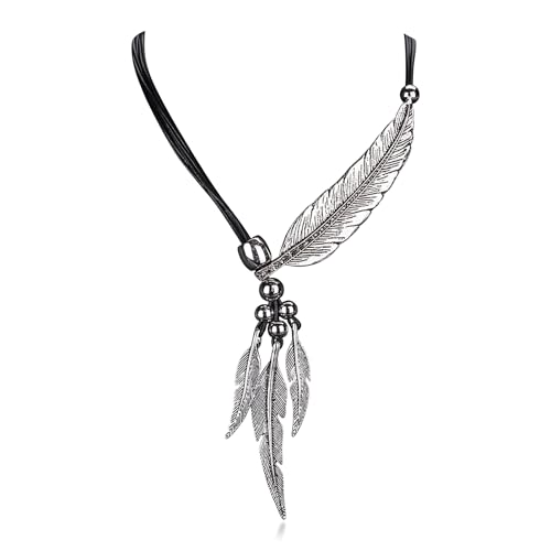 Image of Glibrillody Bling Feather Pendant Necklace National Style Necklace Big Statement Necklace for Women (Silver)