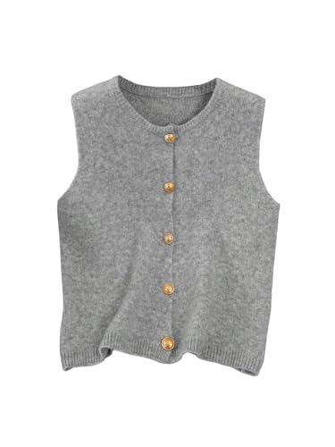 Image of RoseSeek Women's Button Down Sweater Vest Sleeveless Crewneck Knit Outerwear Old Money Knitwear