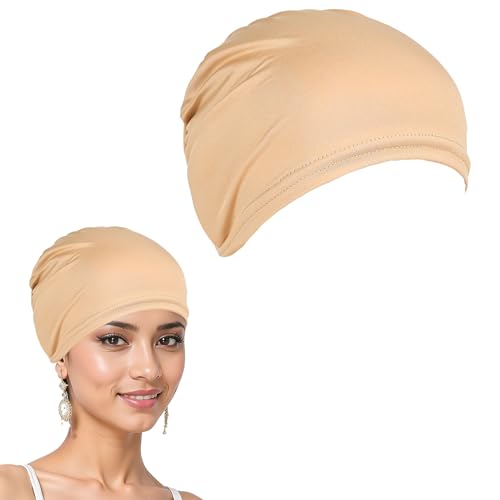 GoodTool Hijab Cap for Women Cotton Bonnet Hijab Breathable Head Wrap Hat & Inner Scarf Stretchy Head Turbans for Daily Wear (UAE/KSA Numeric 55 60 Khaki)