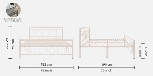 Image of Kovu Metal King Size Bed Without Storage | Wrought Iron Double Bed with Headboard & Footboard | Sturdy Powder Coated Platform Bed King Size Cot for BedroomLivingRoom Ivory (75x72)