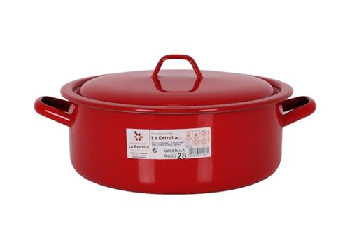 LA ESTRELLA | Cacerola Acero Esmaltado Con Tapa 28Cm Color Rojo - Cacerola de Cocina - Cacerola Apta Inducción - Cacerola Bra Alta Calidad