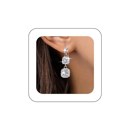 Vintage Crystal Rhinestone Earrings Silver Crystal Square Earrings Long Cz Drop Earring Geometric Crystal Earring Wedding Chandelier Earrings Jewelry for Women