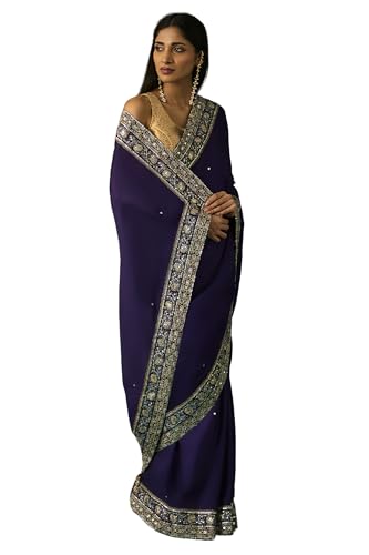 Wishful Women's Purple Solid Embroidered Banarasi Satin Saree and...