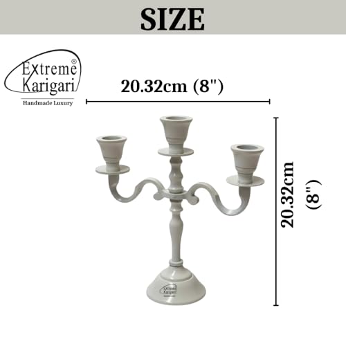 Image of Aluminum 3-Arm 8inch Ivory Candelabra for Dining Table | Vintage Candle Stand for Romantic Dinner, Home & Wedding Decor