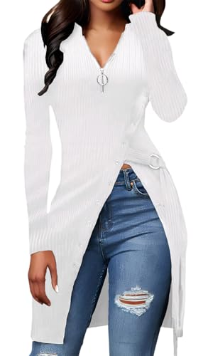 Image of Women's Ribbed Zip Front Long Sleeve Top Side Split Tunic Blouse with Belt | Features a chic O-ring half zip front, side button trim and an adjustable D-ring belt.