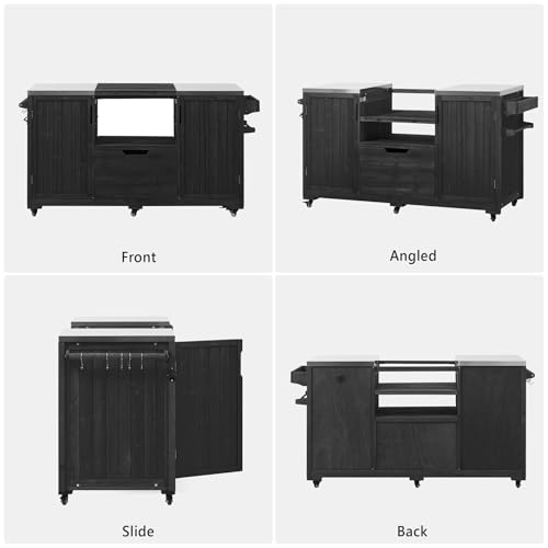66.5" Outdoor Grill Cart with Storage, Movable Outdoor Kitchen Island with Stainless Steel Top & Wheels, Solid Wood BBQ Tables with Drawer/S-Hook/Bottle Opener for Outside Patio (Black)