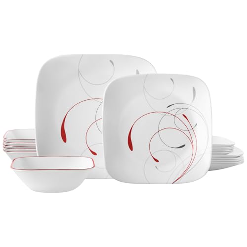 Corelle Vitrelle 18-Piece Service for 6 Dinnerware Set, Triple Layer Glass, Chip Resistant, Lightweight Square Plates and Bowls, Splendor