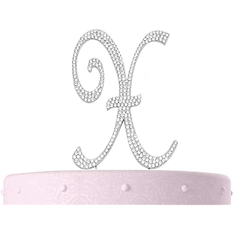 Letter X, Initials, Happy Birthday Cake Topper, Wedding, Anniversary, Vow Renewal, Crystal Rhinestones on Silver Metal, Party Decorations, Favors Cover