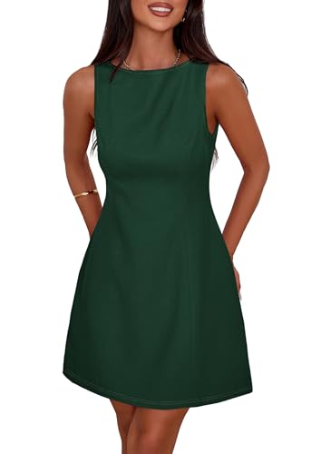 PRETTYGARDEN Womens Formal Short Dresses 2026 Summer Sleeveless Boat Neck A Line Elegant Mini Cocktail Party Dress (Dark Green,Medium)
