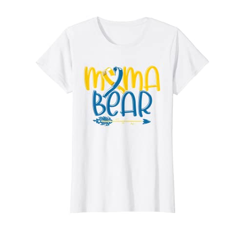Donna Blue Yellow Ribbon Mama Bear Mothers Day Down Sindrome Maglietta