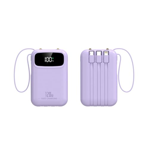 Batería externa de carga rápida de 20000 mAh, peso ligero, portátil, cables integrados, grandes, 4 salidas, 3 entradas, cargador de batería, pantalla LED compacta ultradelgada (20000 mAh/morado)