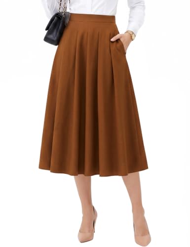 Dressystar Pleated Midi Skirts for Women Business Work with Pockets Brown M