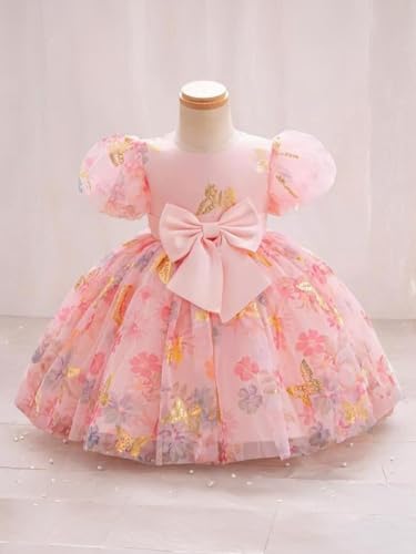 Image of Niren Enterprise Baby Girls Fit And Flare Knee Length Gold Foil Butterfly Puff Sleeve Bowknot Princess Gown Dress for Special Occasions