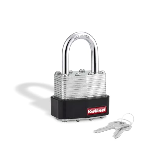 Kwikset Laminated Steel Padlock with Hardened Steel Shackle, Outdoor Gate and Fence Lock, 1-9/16 in Body, 1 in Shackle, 1 Pack, Silver